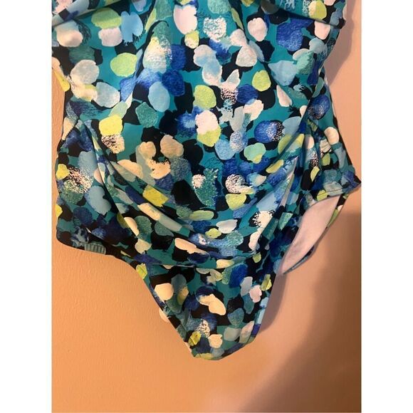 Maxine Of Hollywood 18W One Piece Swimsuit Blue Green Dot Print Ruched Slimming - Picture 5 of 9